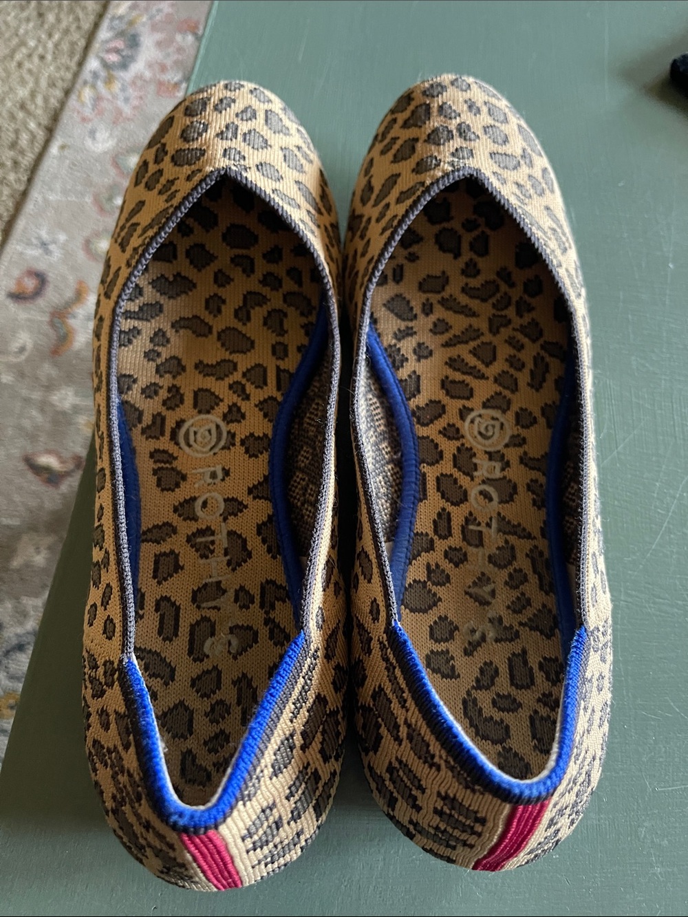 Rothy's Leopard Print Ballet Flats with Blue Trim and Pink Heel Tab- Retired!